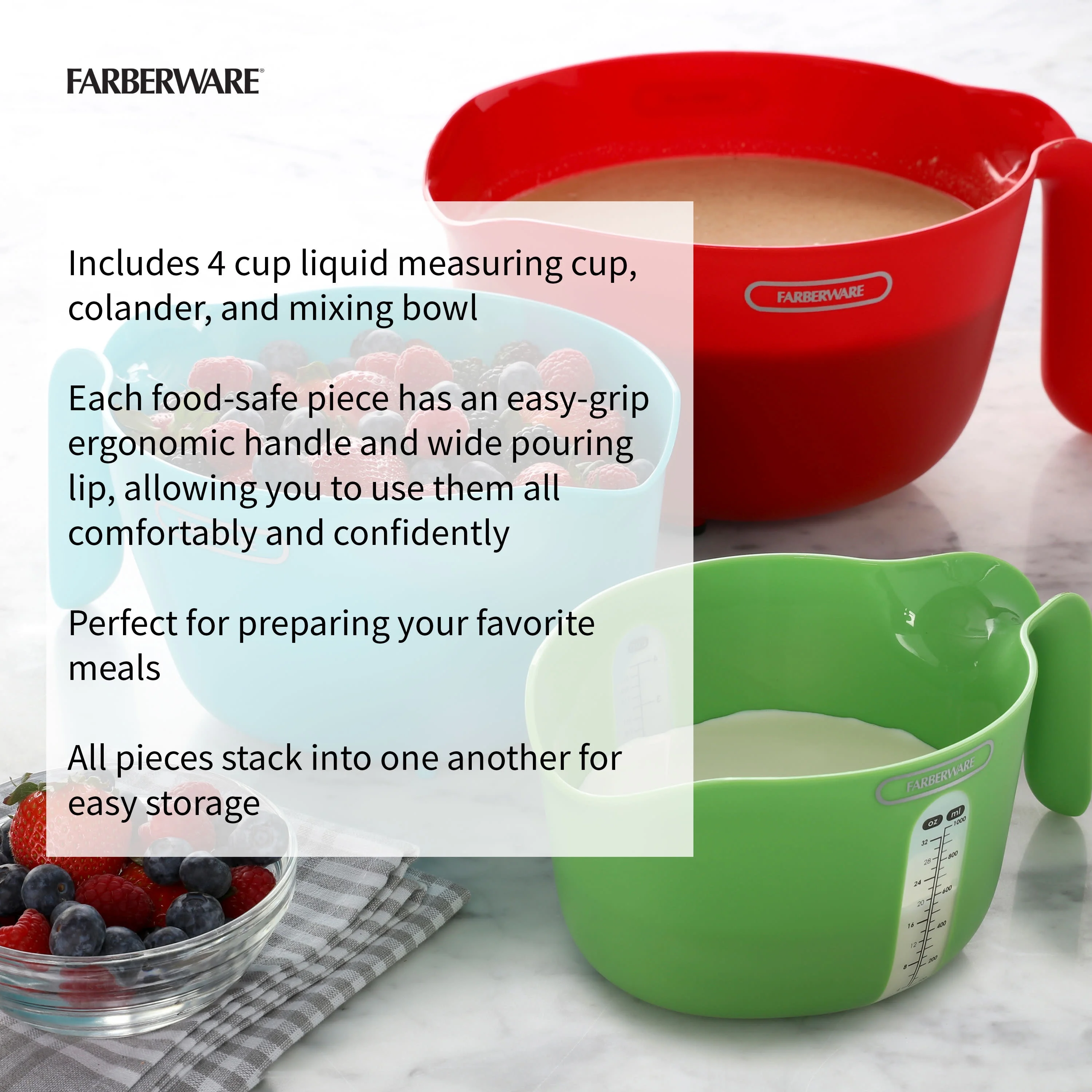 Farberware Professional 3 pc Mixing Bowl, Colander, Measuring Cup Set