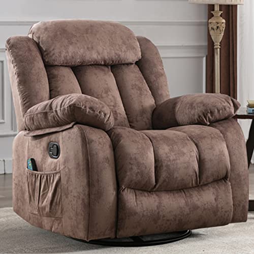 INZOY Massage Swivel Rocker Recliner with Heat and Vibration, Manual Rocking Recliner Chair with Vibrating Massage, Comfy Padded Overstuffed Soft Fabric Heated Recliner, Brown