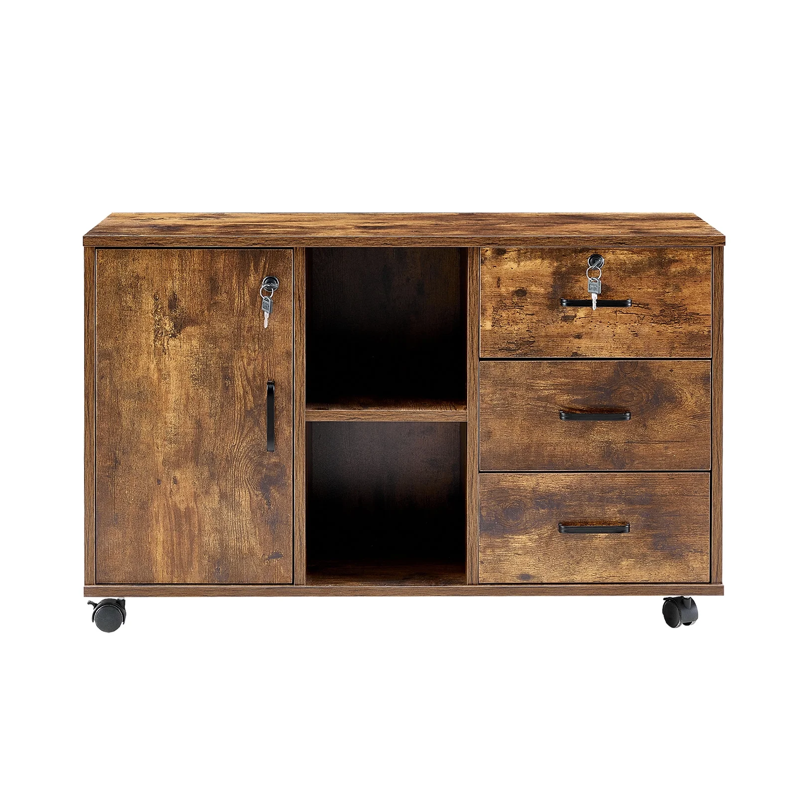 Clipop Mobile File Cabinet with 3 Lockable Drawers, Lateral Printer Stand with Open Storage Shelf, Brown