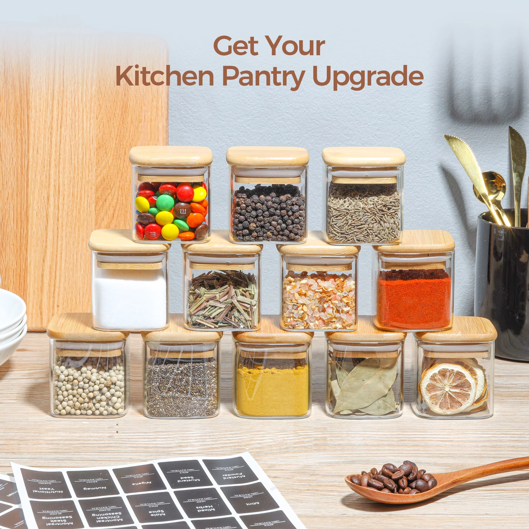 ComSaf Glass Spice Jars with Bamboo Lids, Clear Containers, 4 oz, Set of 12