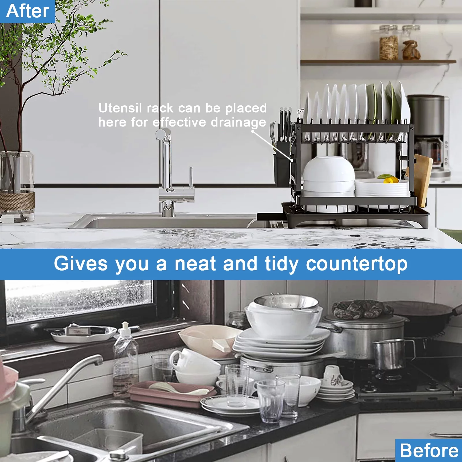 Kogiio 2-Tier Dish Drying Rack with Drainboard,  Black Metal Large Capacity Dish Drainer