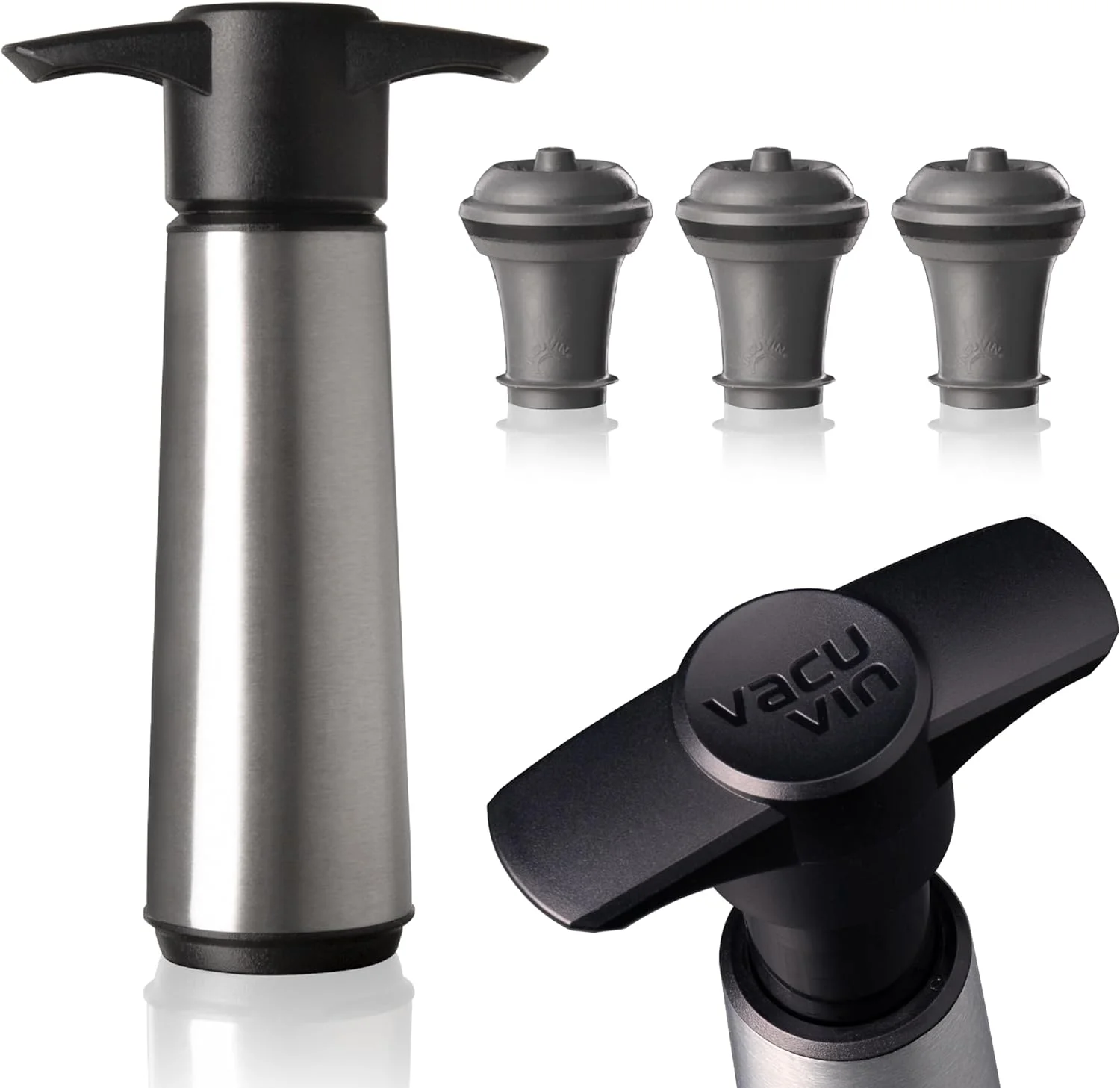 Vacu Vin Wine Saver Pump Stainless Steel with Vacuum Wine Stopper - Keep Your Wine Fresh for up to 10 Days - 1 Pump 3 Stoppers - Reusable - Made in the Netherlands
