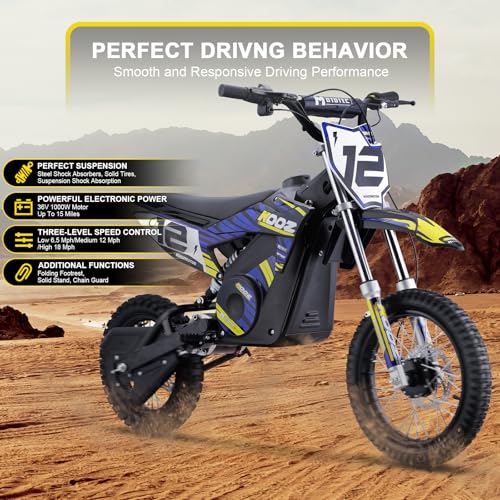 KOOZ HP112E 36V 1000W Electric Dirt Bike for Kids, 3 Speed Modes Teen Electric Motorcycle Up to 18 MPH & 15 Miles Long-Range, Dual Suspension & Disc Brake, 16