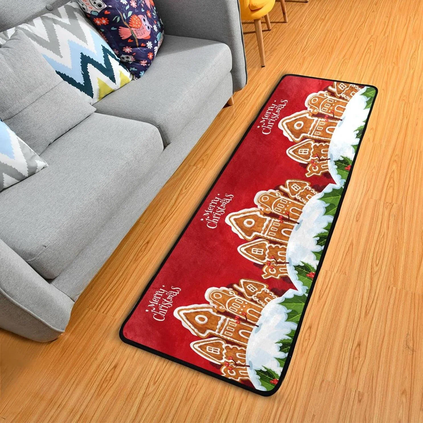 Bestwell 2'x6' Christmas Gingerbread House Runner Rug with Rubber Backing, Soft Cartoon Winter Snow Non Slip Entryway Rug Runner, Washable Area Rug Carpet for Hallway Bedroom Kitchen Decor