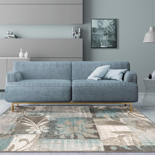 Superior Indoor Area Rug, Plush Carpet Cover, for Kids or Pets, Hallway, Entryway, Dining, Office, Kitchen, Modern Floral Patchwork Decor, Pastiche Collection, 5' Round, Beige