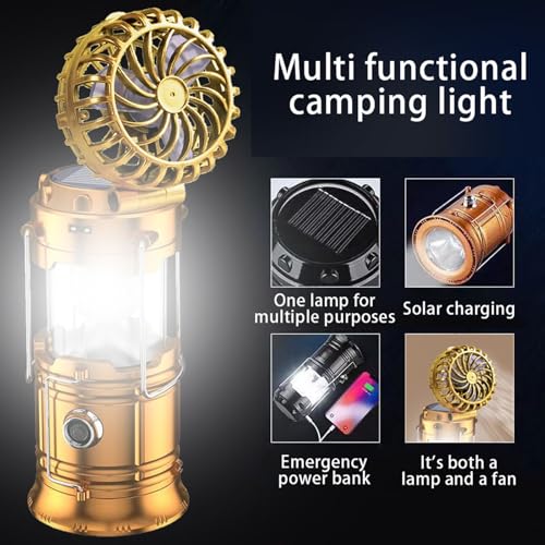 5-in-1 Portable LED Camping Lantern with Fan, Solar/USB Rechargeable, Light Power Outages & Phone Charger, Lightweight ABS for Tent, Hiking, Emergency Survival Gear Essentials (Silver, 17.7X10X7.7cm)