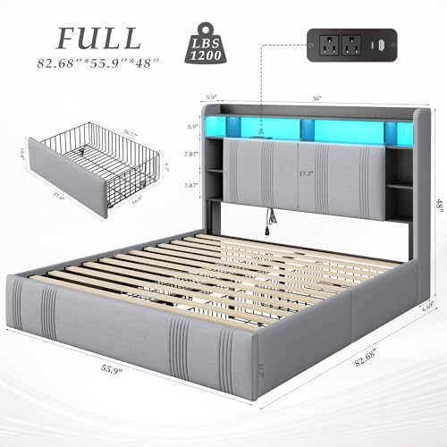 EnHomee King Size Bed Frame with 4 Storage Drawers, Upholstered Platform King Bed Frame with Headboard & LED Lights & Charging Station, Noise Free, No Box Spring Needed, Beige