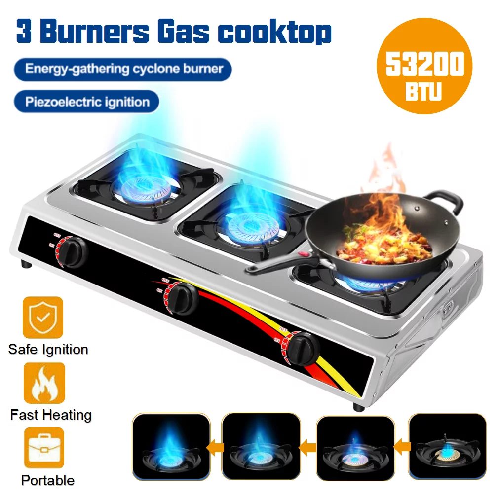 Wobythan 3 Burner Gas Stove Stainless Steel Desktop Liquefied Portable Outdoor Cooking Camping Stove