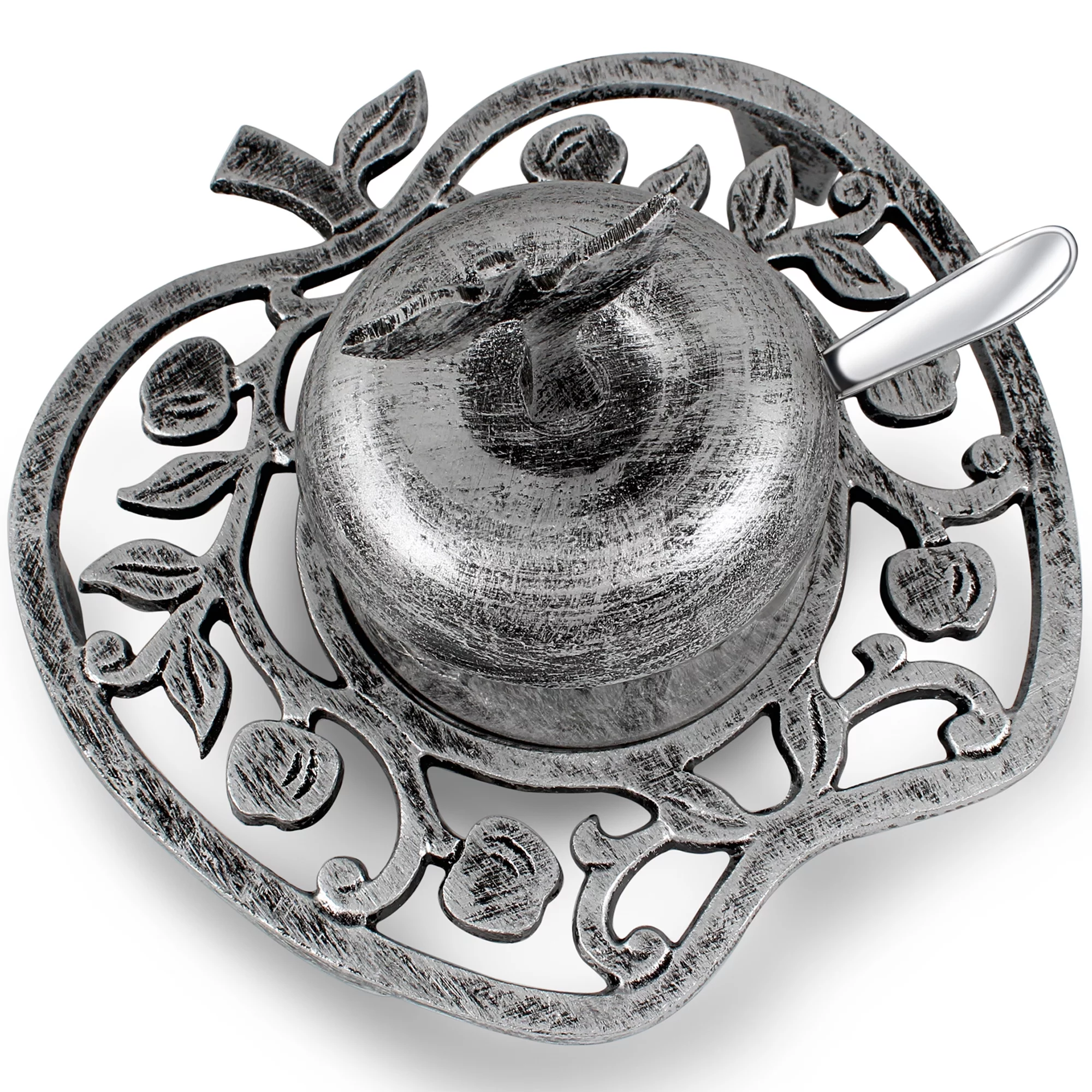 Zion Judaica Apple Shaped Antique Silver and Glass Bowl 4 Piece Honey Dish for Rosh Hashana, Holiday Judaica Gift Pesach Seder Decorations Charoset Dish or Salt Water Plate Use