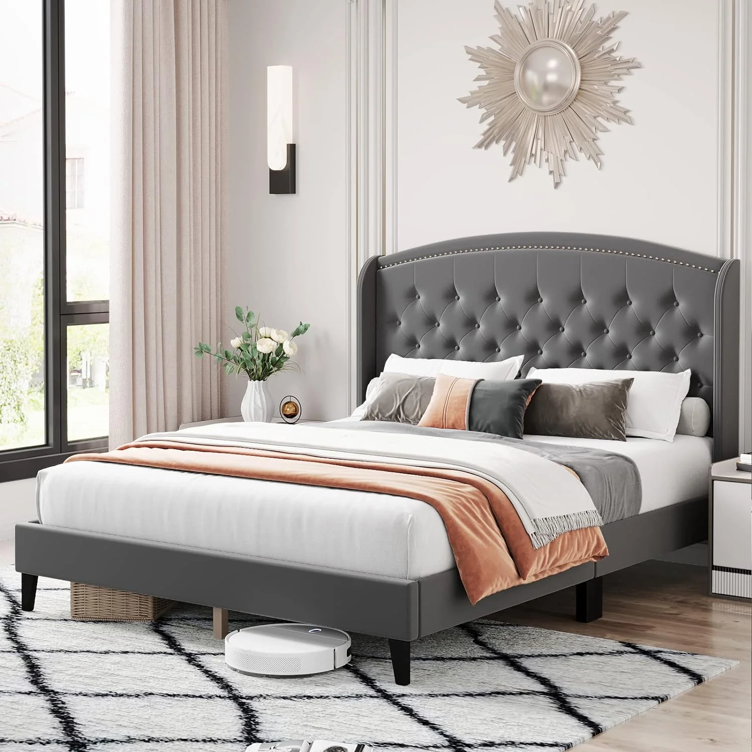 Full Size Bed Frame, Platform Bed Frame Full with Upholstered Wingback Headboard, Bed Frame with Solid Wood Slats, Easy Assembly, Grey