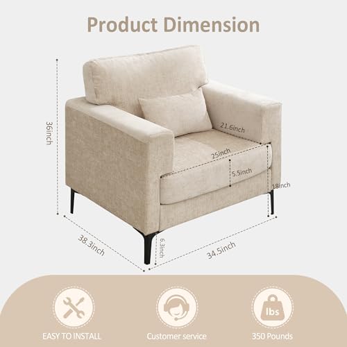 Oversized Chenille Armchair with Metal Legs,Comfy Accent Chair and a Half,Modern Century Single Sofa Extra Large Reading Club Chair for Living Room,Bedroom,and Apartment,Green