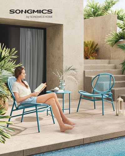 SONGMICS Patio Furniture Set 3 Pieces, Garden Bistro Set, Acapulco Chairs, Outdoor Seating, Side Table and 2 Chairs, Indoor and Outdoor Conversation Set, Balcony Porch, Lake Blue UGGF021L01