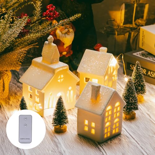 Mwfus 7 Pcs Christmas Miniature Porcelain Village Sets Tabletop Figurine LED Porcelain House Miniature Christmas Figurines Decorations for Tabletop Mantle Decor