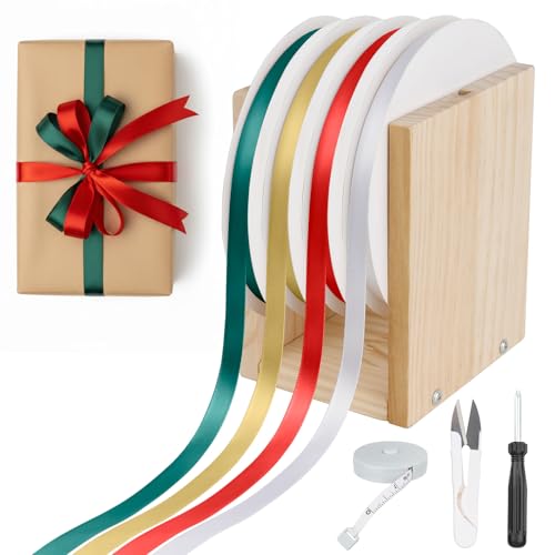4 Rolls Ribbon Kit - 350 Total Yards 3/8 Inch Polyester Ribbon Set with Wooden Storage Box & Bow Making Tools - Gift Wrapping Ribbons for Christmas, Wedding, Party & DIY Craft Decor (4 Rolls * 87.5YD)