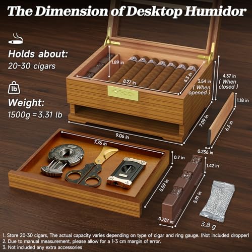 TISFA Cigar Humidor, Cedar Wood Desktop Humidor Box with Digital Hygrometer, Adjustable Humidifier, Accessory Drawer, Divider, Cigar Length Measurement, Glass Top Storage Holder Cigar Case (Black)