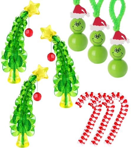 Christmas Crafts for Adults,30 Sets Christmas Beaded Ornament Kit to Make-Including 12 PCS Green Monster/6 PCS Tree/12 PCS Candy Cane,Christmas Tree Decorations (Assembly Needed)