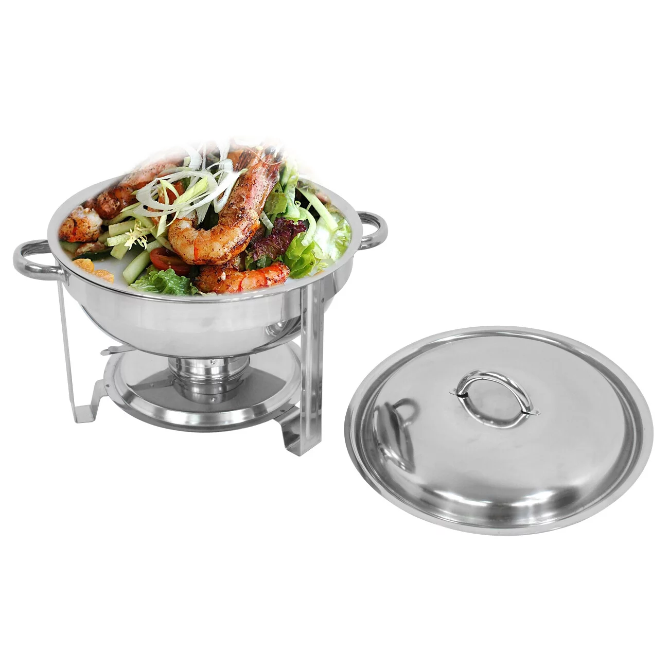 SuperDeal Glossy Round Chafing Dish 5Qt. Buffet Stove Hotel Catering Alcohol Furnace, 4 Pack