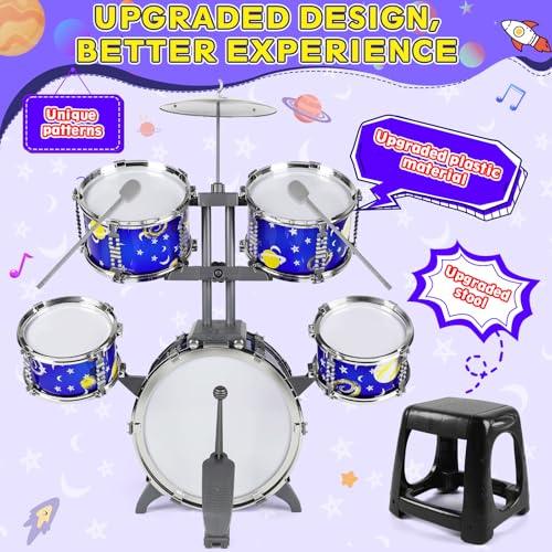 M SANMERSEN Upgraded Kids Jazz Drum Set Toddler Toy Drum Set with Stool, Plastic Rock Jazz Drum Kit Musical Toys Gift for Boys Girls 1-3 3-5