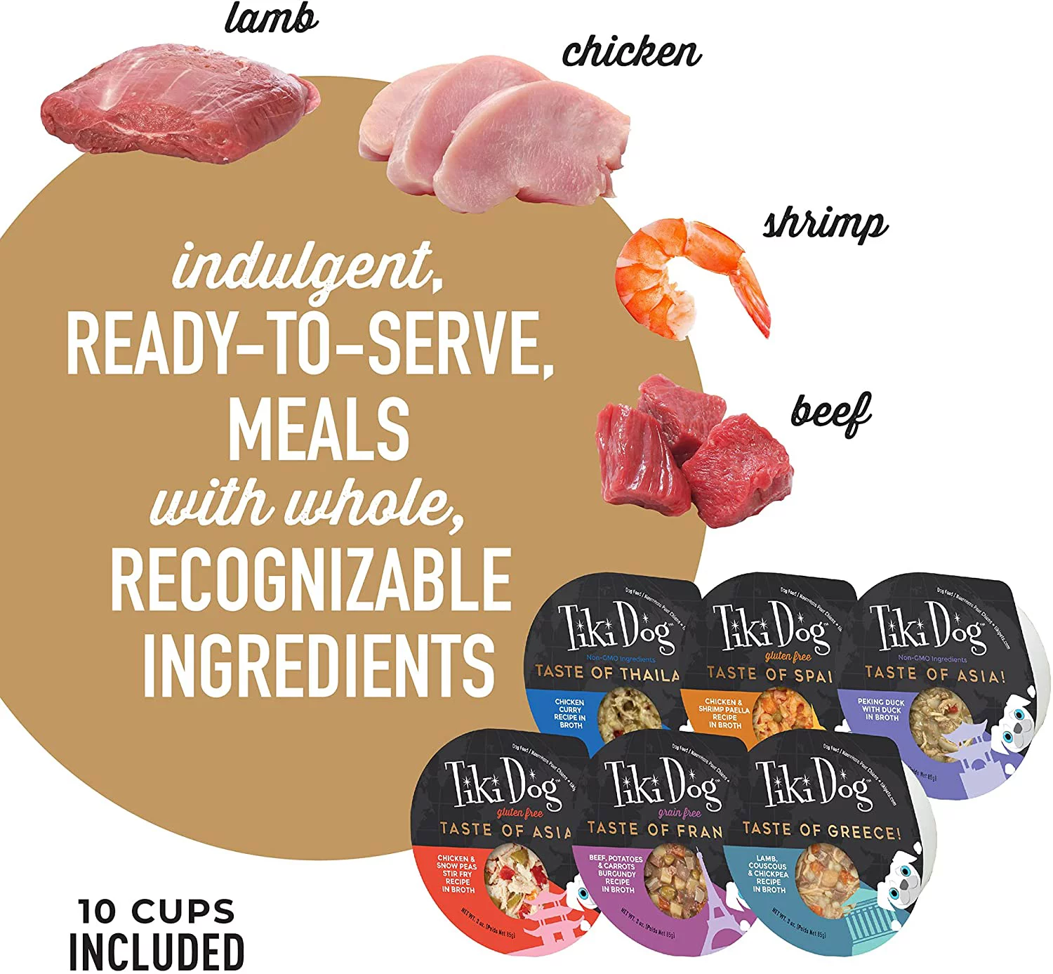 Tiki Dog Taste of The World Whole Food, Vareity Pack of Gourmet International Flavors in Broth, Culinary Inspired High Protein and Moisture Rich Superfoods Wet Dog Food, 3 Oz Cups, Case of 10