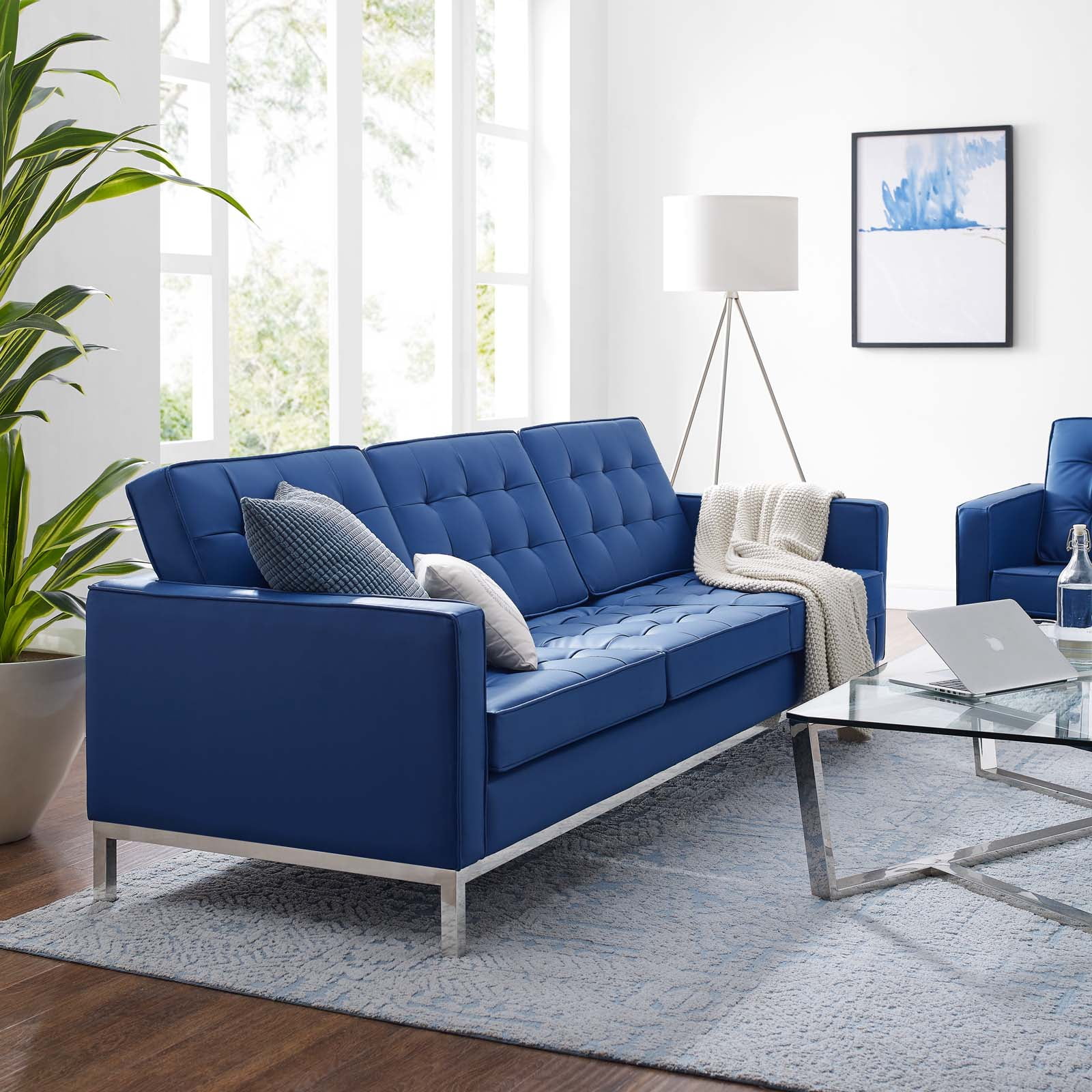 Contemporary Modern Urban Designer Living Room Lounge Club Lobby Sofa, Faux Vinyl Leather Metal Steel, Navy Blue Silver