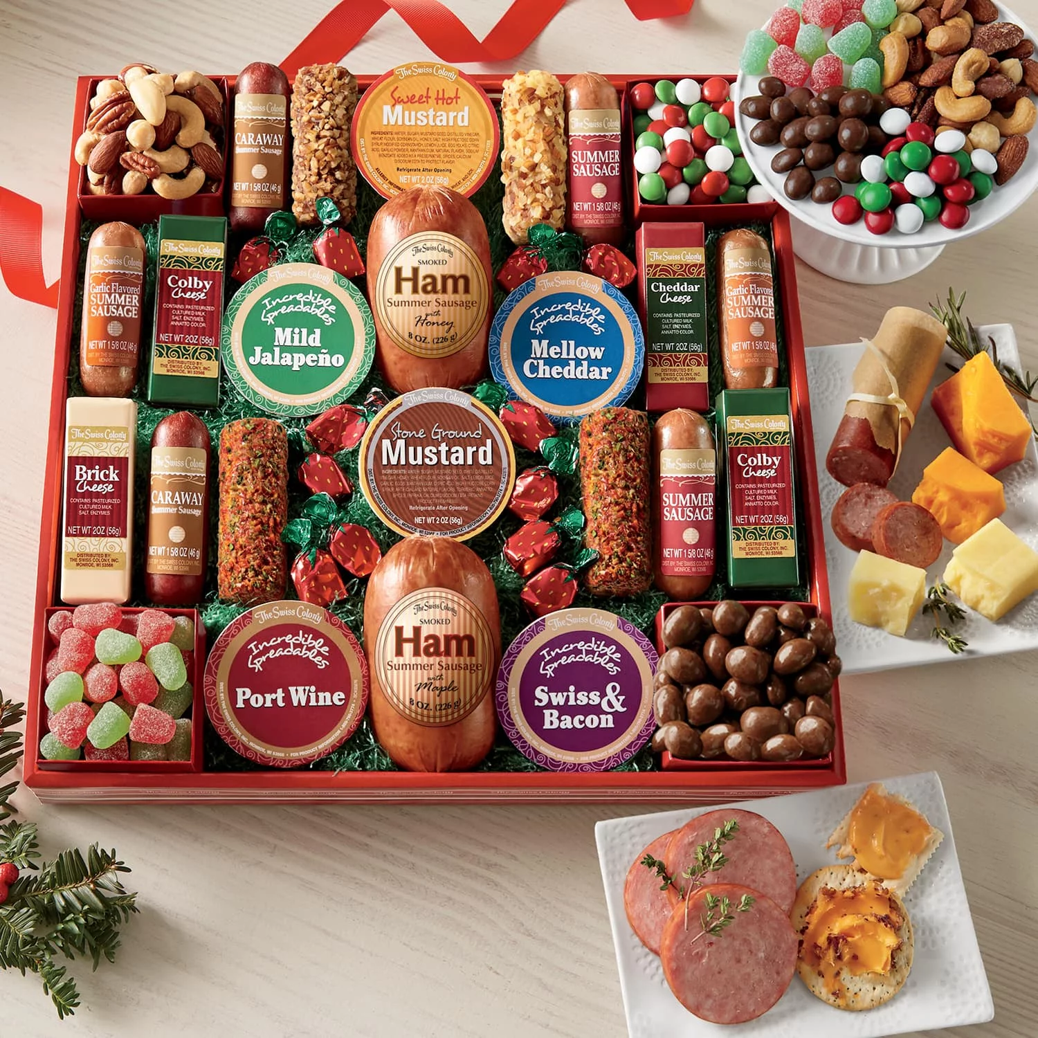 The Swiss Colony 26 Surefire Pleasers - Assorted Holiday Treats with Ham Summer Sausages, Chocolates, Cheese Bars and Logs, and Candy