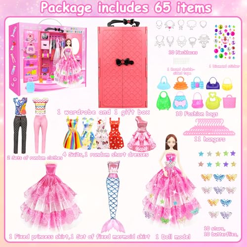 75PCS Doll Clothes and Accessories with Closet for 11.5 Inch Doll - Fashion Design Set Including Wedding Dress Fashion Dresses Outfits Tops and Pants Hangers Bags for Girls