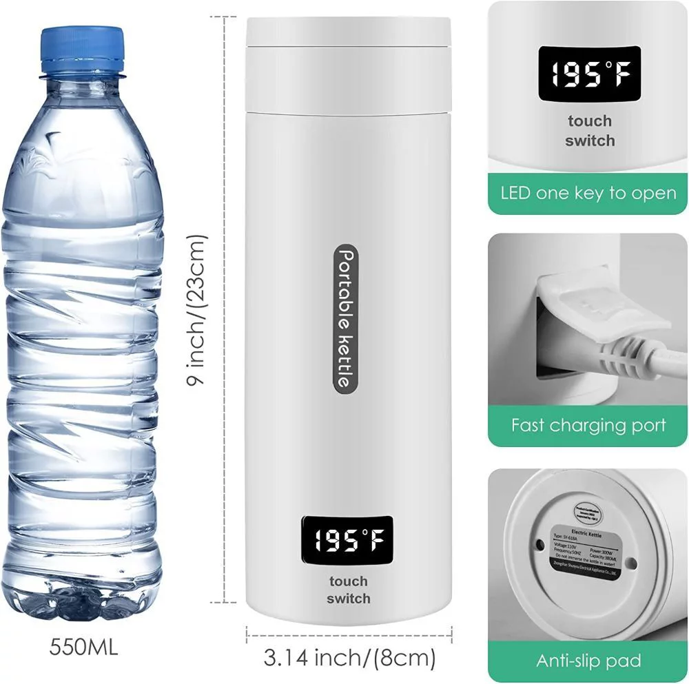 Travel Portable Electric Kettle,380ML Small Mini Coffee Tea Kettle,One Cup Hot Water Maker with Auto Shut-Off,304 Stainless Fast Water Boiler-White