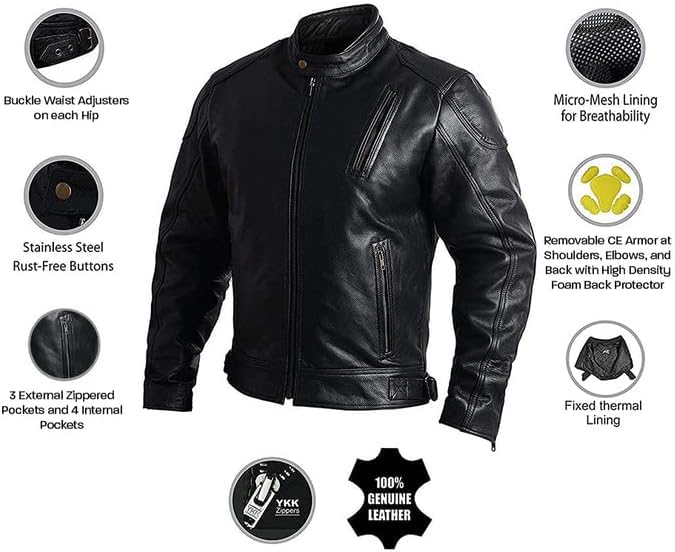 HWK Leather Motorcycle Jacket with Armor for Men, Cafe Racer Genuine Leather Jacket for Weather Resistant Riding