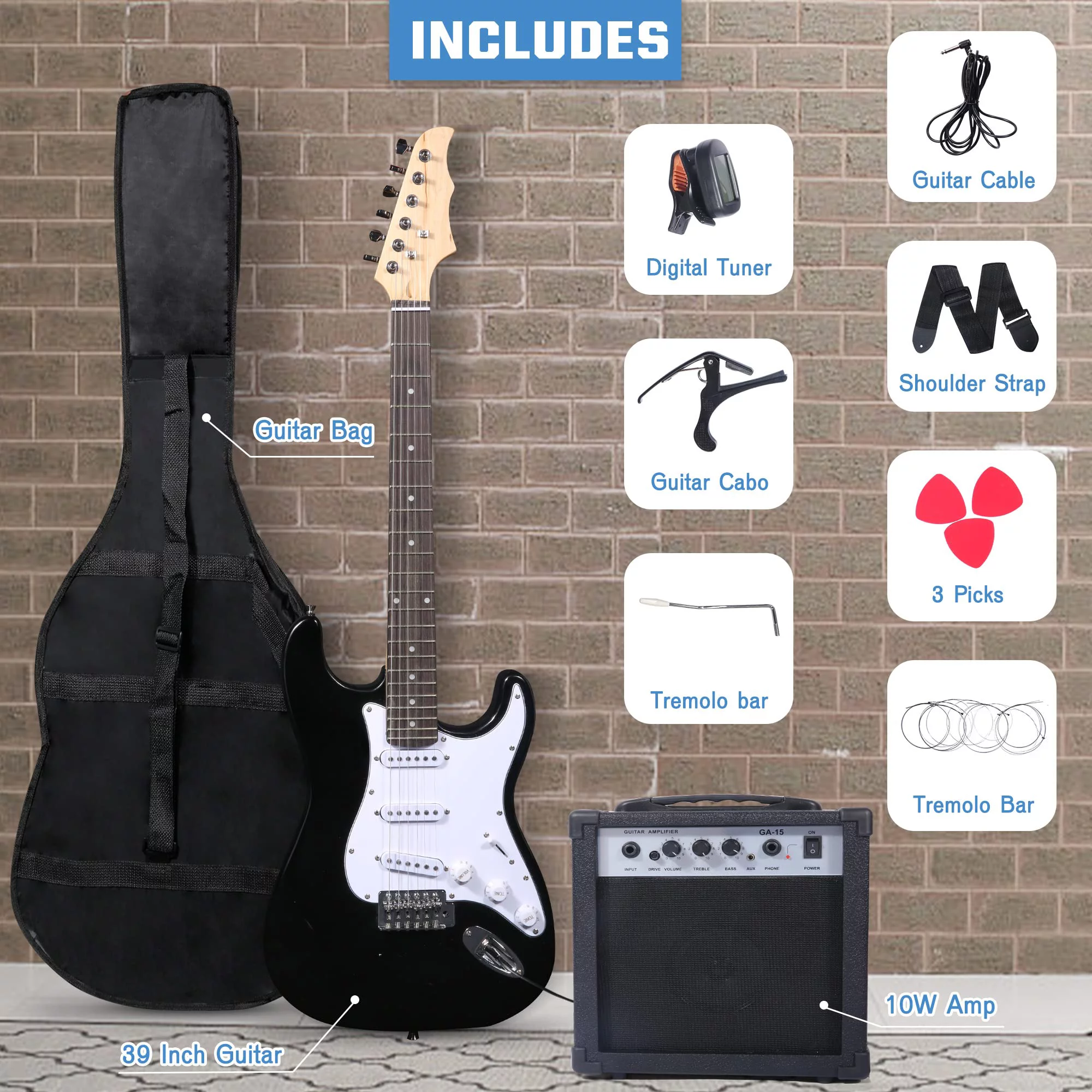 KARMAS PRODUCT 39 Inch Electric Guitar Starter Kit for Teenager and Aldult, Full-size Beginner Guitar with 10W Amplifier, Carrier Bag, Tuner, Strings, Picks, Cable