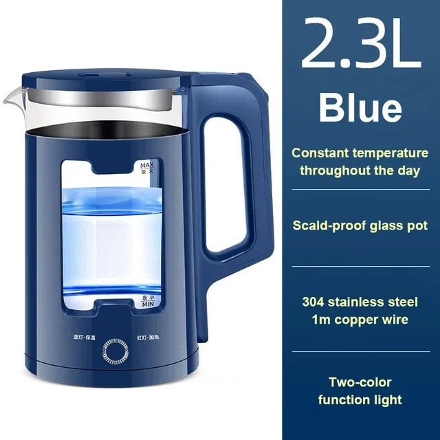 For  Kettle Quick Heating Hot Water Boiling Teapot Glass Blue Light Heater Pot Boiler Auto-Power Off Cooker EU  Plug
