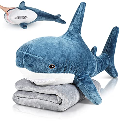 HyDren Shark Plush Toys Shark Stuffed 2 in 1 Animal with Blanket 32 Inch Giant Big Large Stuffed Pillow Blanket Doll for Boys Girls Room(Dark Blue)