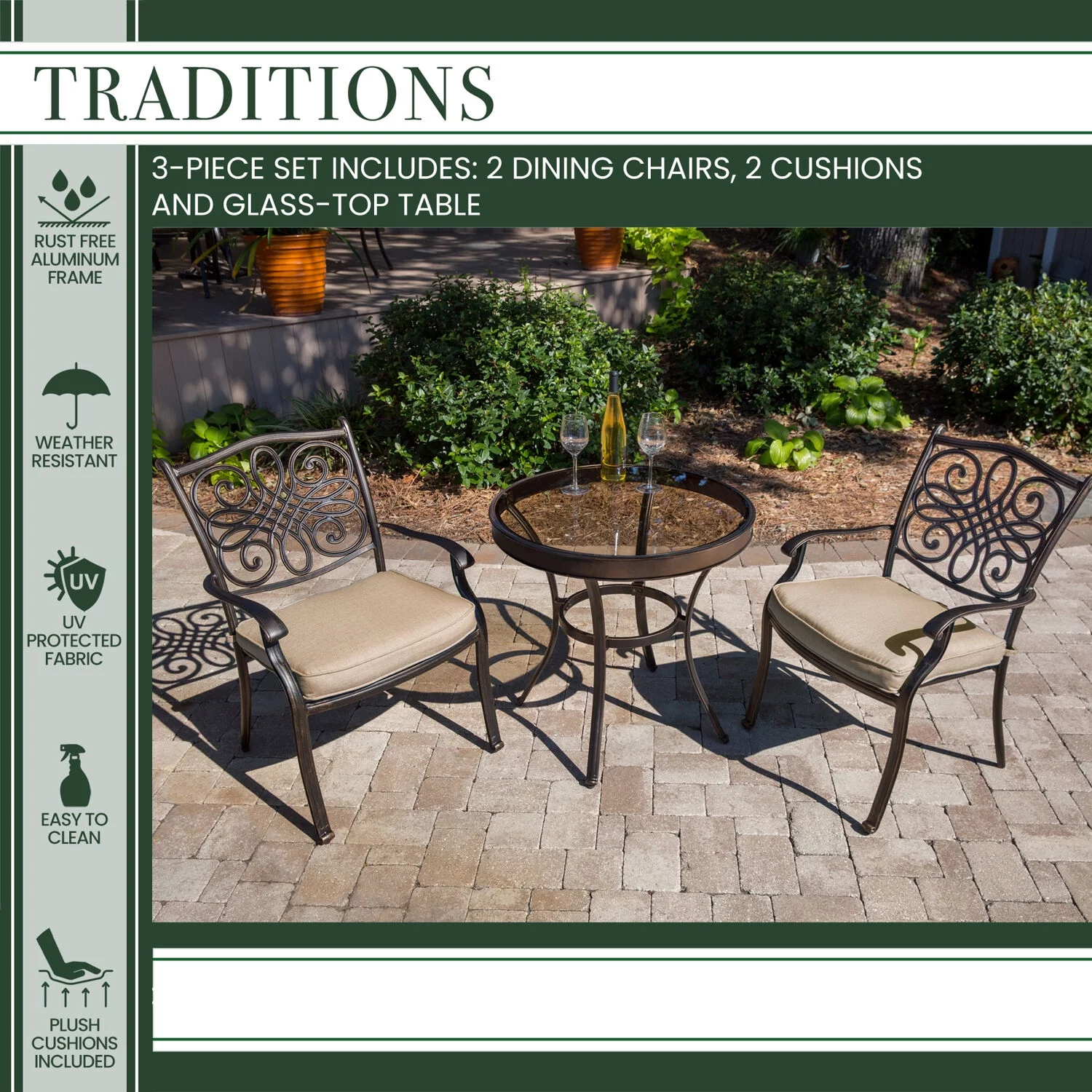 Hanover Traditions 3-Piece Bistro Set in Tan with 30 in. Glass-Top Table