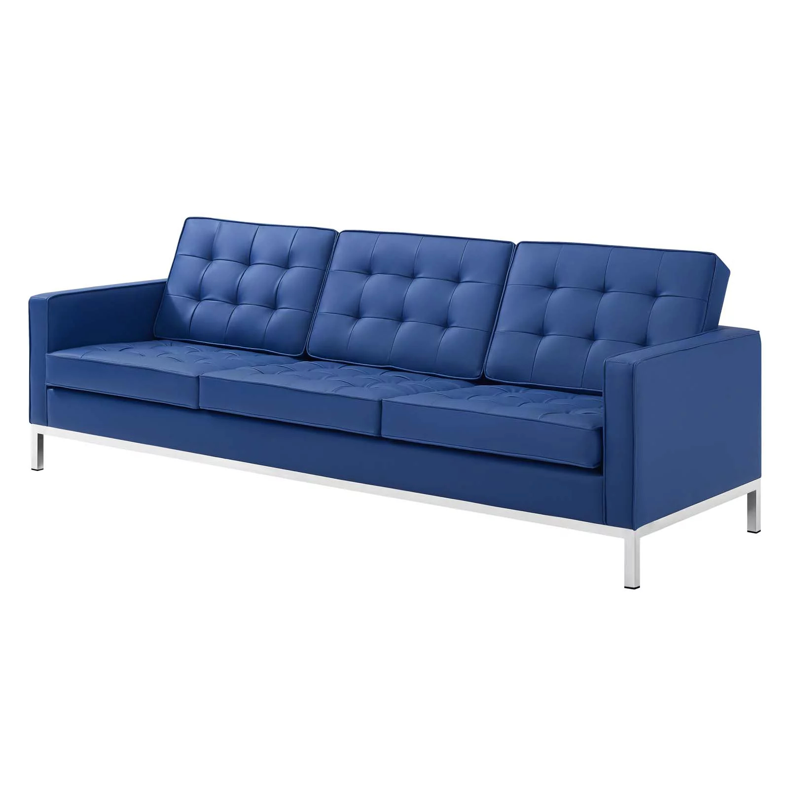Contemporary Modern Urban Designer Living Room Lounge Club Lobby Sofa, Faux Vinyl Leather Metal Steel, Navy Blue Silver
