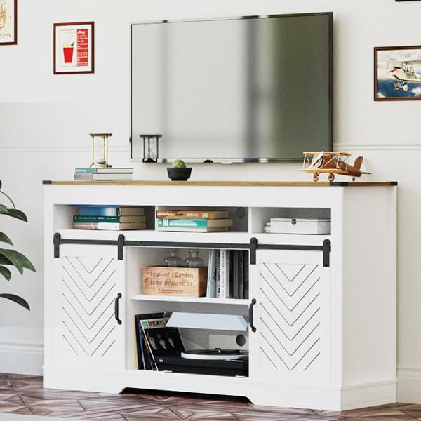 Farmhouse TV Stand for 65+ Inch TV, 34'' Tall Entertainment Center with Sliding Barn Doors, Rustic Wood Media Console Storage Cabinet Television Stand for Living Room, Bedroom (Black)