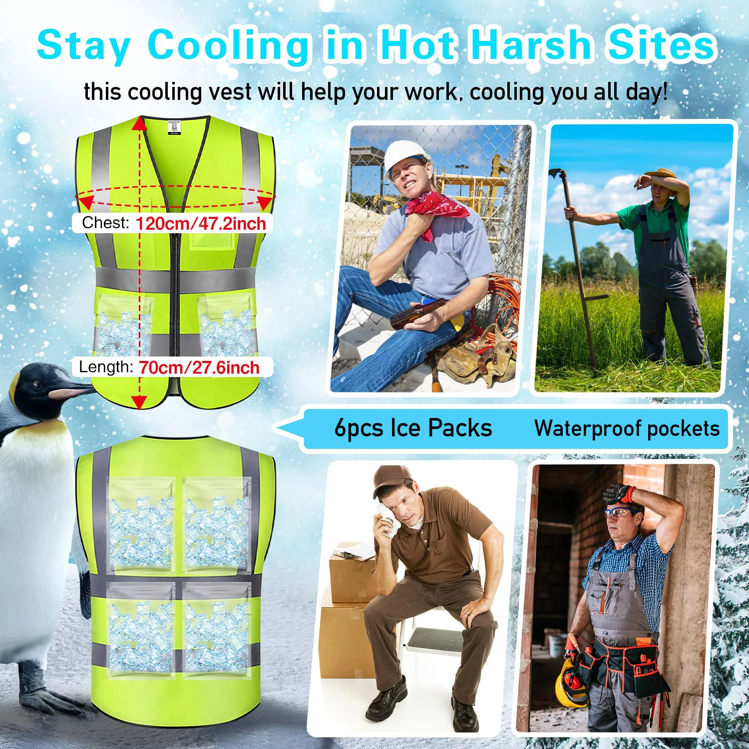Cooling Safety Reflective Vest with 6pcs Ice Packs - Work Vest with Pockets High Visibility Security Vest for Men Women