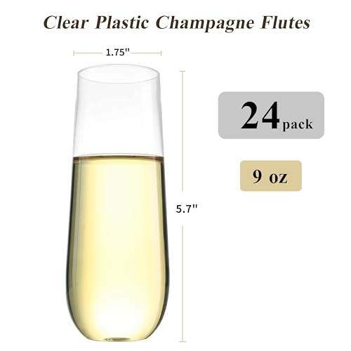 48 Pack 9 oz Stemless Plastic Champagne Flutes, Clear Disposable Champagne Toasting Glasses, Shatterproof and BPA-Free Drinkware for Party & Graduation & Wedding
