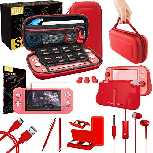 Orzly Switch Lite Accessories Bundle - Case & Screen Protector for Nintendo Switch Lite Console, USB Cable, Games Holder, Grip Case, Headphones, Thumb-Grip Pack & More (Gift Pack - Turquoise Blue)