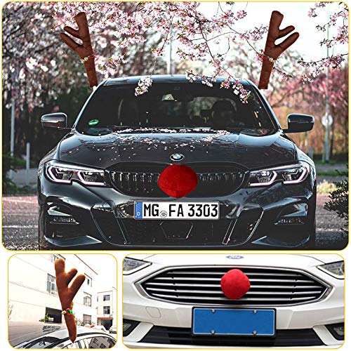Christmas Car Reindeer Antler Decorations, Including Rudolph Reindeer and Red Nose, Car Christmas Costume Auto Accessories for Holidays
