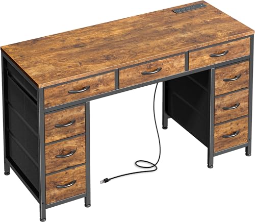PRAISUN 47 Inch Office Desk with Outlets, Computer Desk with 9 Fabric Drawers, Writing Gaming Work Study Desk for Bedroom, Living Room, Home Office, Large Storage, Rustic Brown