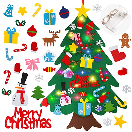 Suweor Upo Felt Christmas Tree Set for Toddlers Kids with Led String Light，3.2ft Wall Hanging DIY Christmas Tree with Detachable Ornaments for Xmas Gifts Home Decoration