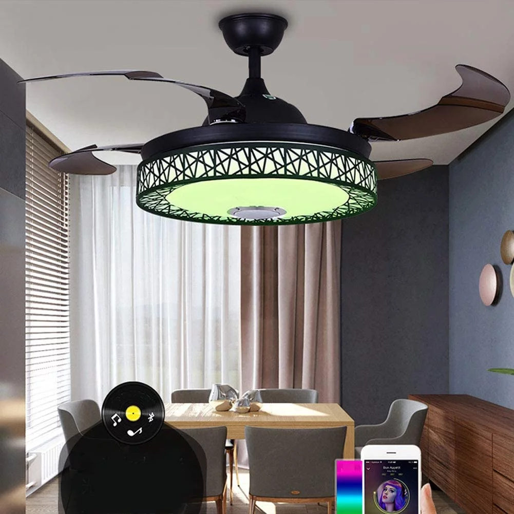 Miumaeov 42 Inch Modern Fan Ceiling Light with Remote Bluetooth Control Three-Color Dimmable Bedroom Fan Chandelier Blade Retractable Mute Indoor Fan Light for Kitchen (Black)