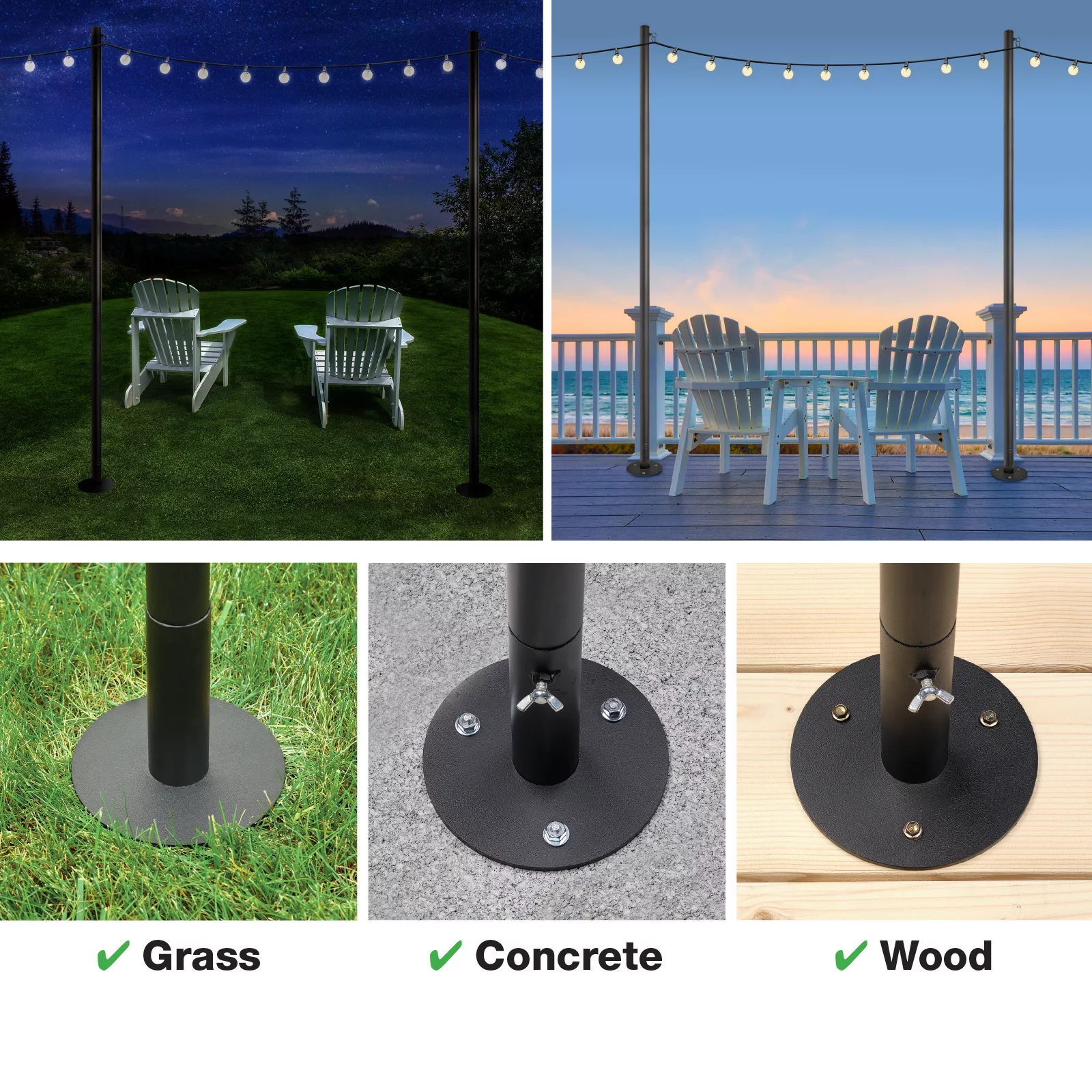 Excello Global Products Bistro String Light Poles - 4 Pack - Extends to 10 Feet - Universal Mounting Options Included - EGP-HD-0361