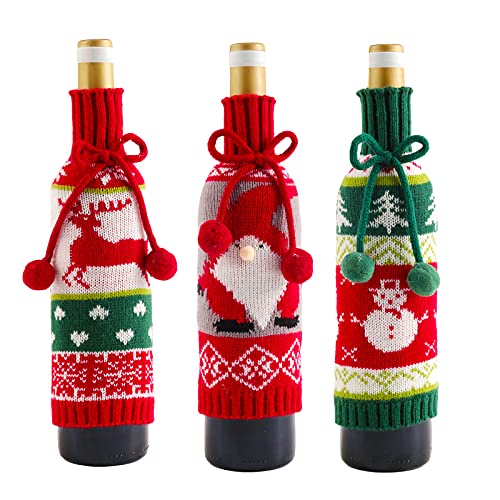 Christmas Bottle Cover Wine Sweater Knitted Champagne Bottle Bag Snowman Cover Santa Claus Wine Bag Reindeer Drawstring for Xmas Party Decoration,3PCS