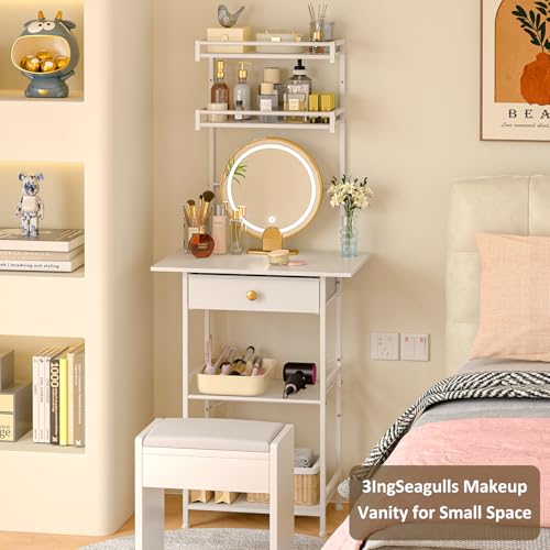 Small Vanity Desk Without Mirror, Makeup Vanity Table for Small Space, Compact White Dressing Table with Fabric Drawers, Makeup Vanity with Storage for Bedroom, White, 23.6in（W）