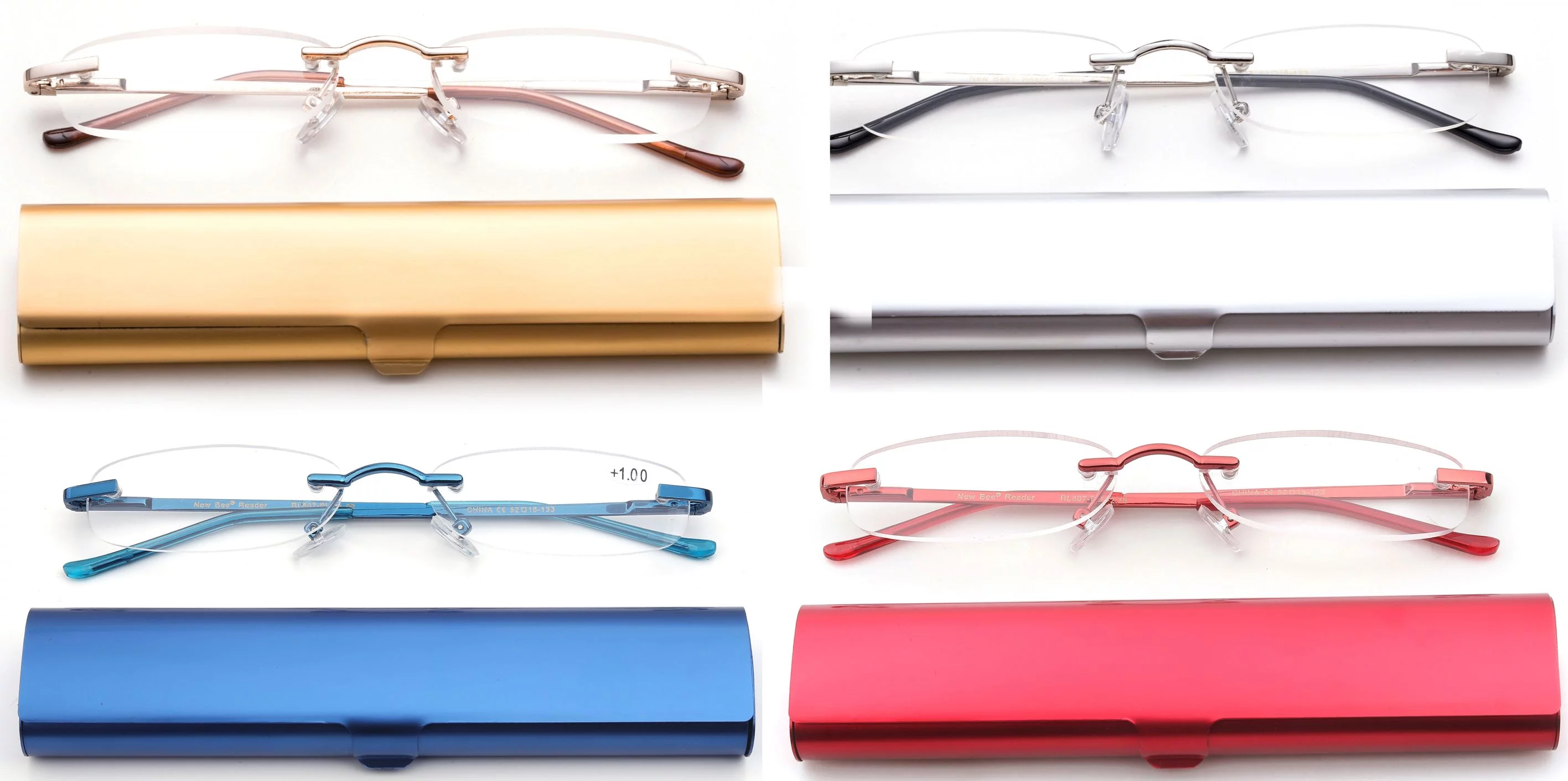Newbee Fashion-Portable Compact Reading Glasses in Aluminum Case Metal Rectangle Rimless Reading Glasses Super Lightweight Reader Slim Design Comfort Fit 4 Pack Gold/Silver/Blue/Red 4.00