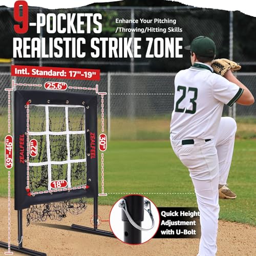 Baseball Pitching Net, 9 Hole Pitching Net with Strike Zone, 5 Height Adjustable Throwing Trainer, Heavy Duty Baseball Softball Net with Carry Bag for Solo Practice