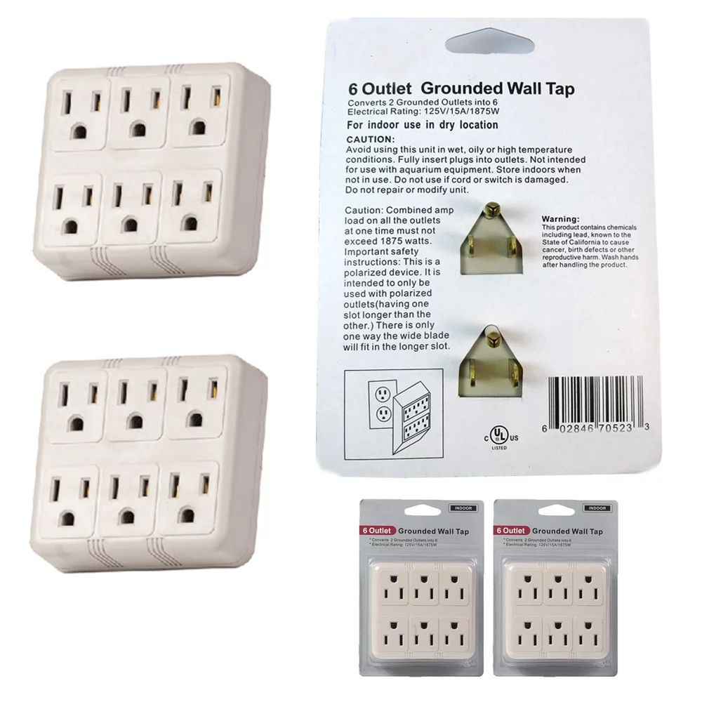 2Pc Grounded Wall Outlet Tap AC 125V Power Adapter Electrical 6 Way Plug Charger