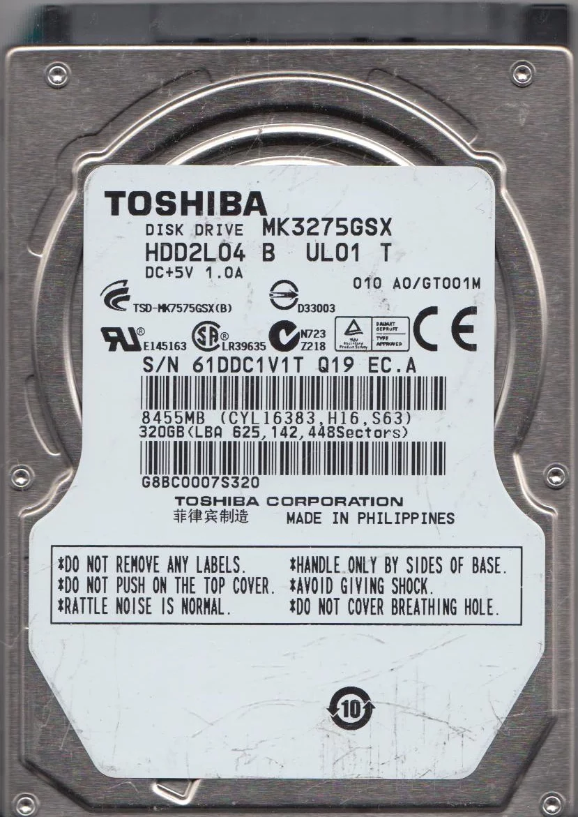 MK3275GSX, A0/GT001M, HDD2L04 B UL01 T, Toshiba 320GB SATA 2.5 Hard Drive