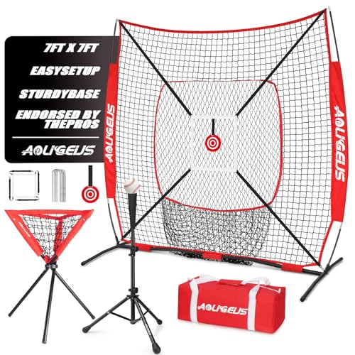 6'X6' Baseball Softball Practice Net with Batting Tee and Ball Caddy, Bonus Strike Zone Target and Bow Frame, for Hitting, Pitching, Catching