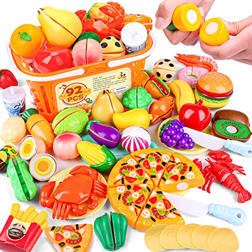 AROIC 92PCS Play Food, Toddler Kitchen Accessories Food Toys with Cutting Fruits & Vegetables, Plastic Mini Dishes Shopping Basket and Knife, Pretend Play Gift Kitchen Playset Velcro Cutting Toys